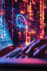 Close-up of hands typing on a laptop with a digital security lock overlay, symbolizing online privacy and data protection in a high-tech , vertical image