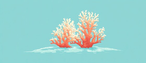 Ocean acidification visualized with minimal flat design, featuring coral bleaching on a solid turquoise background