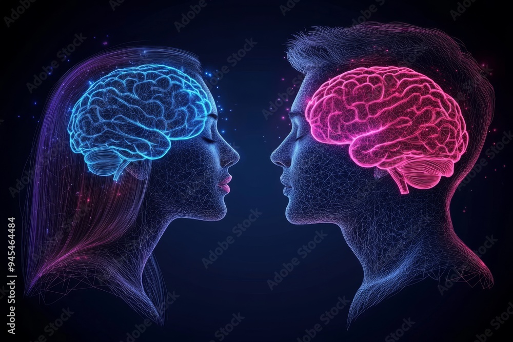 Poster neon colored digital illustration of two human profiles with glowing brains connected by vibrant lig