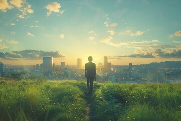 Solitary figure stands in a vibrant green field overlooking a city skyline at sunrise, capturing peaceful contemplation and nature contrast.
