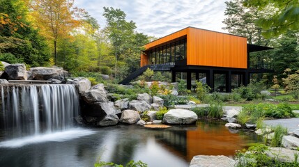 Modern orange house with a cascading waterfall, pond and lush green foliage in a serene forest setting.
