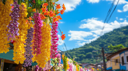 Spring Festival in Brazil, flower decorations symbolizing spring are hung along the streets, city background with green mountain scenery, AI generated Images