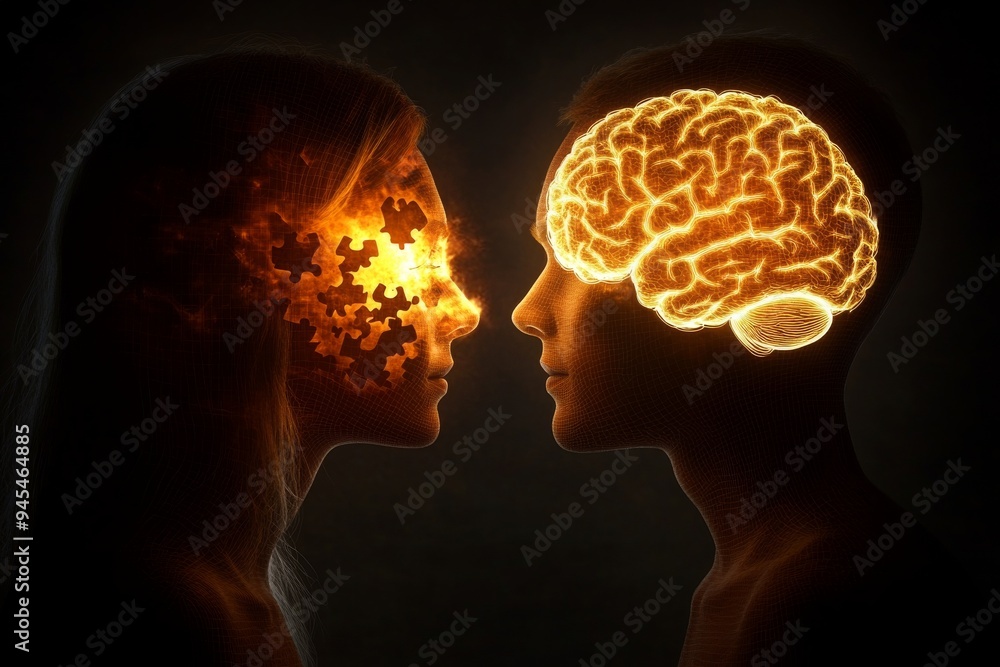 Poster fiery depiction of two human profiles with brains igniting in a clash of ideas symbolizing intense i