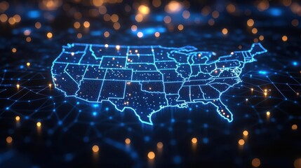 glowing digital map of usa with interconnected nodes futuristic blue interface overlaid on abstract tech background