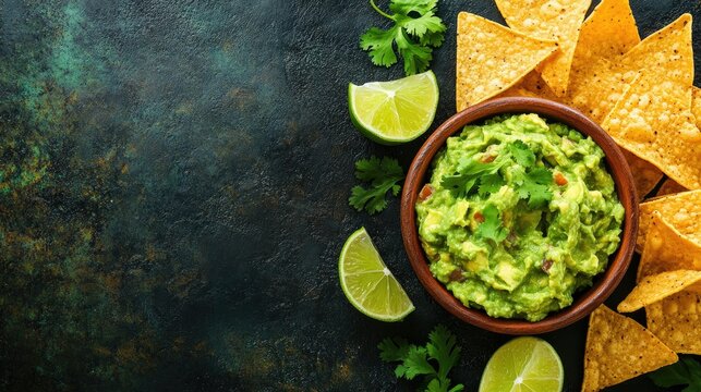 Top view of a freshly made guacamole with tortilla chips and lime wedges, with space for text.