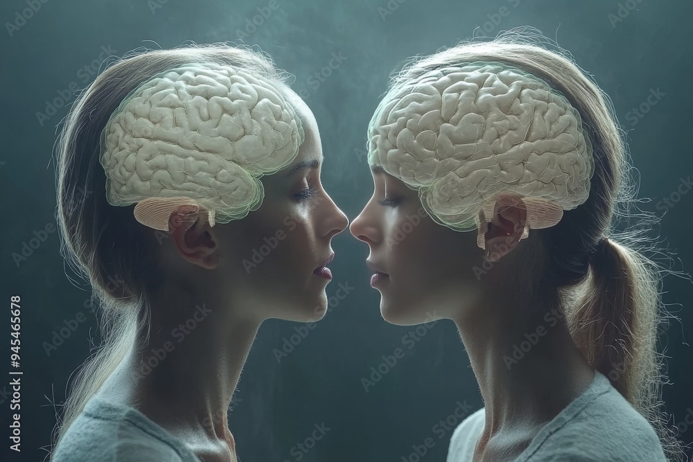 Poster two individuals with glowing brains facing each other in a misty ethereal setting representing the m