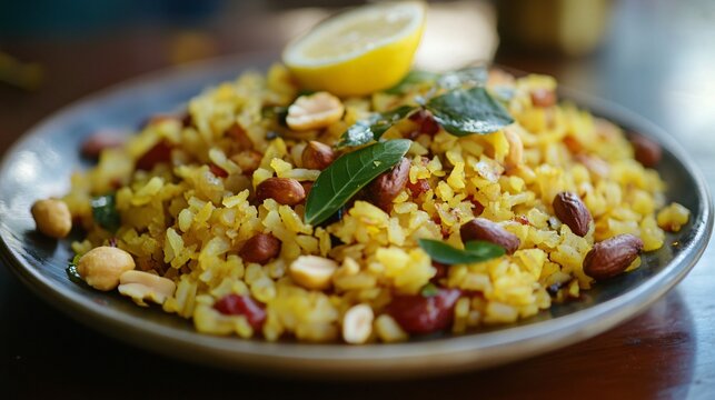 A plate of poha with flattened rice, peanuts, curry leaves, and a squeeze of lemon