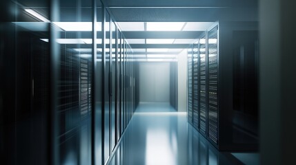 High-resolution image of a data center with glass server racks, sharp focus, and a clean, industrial design.