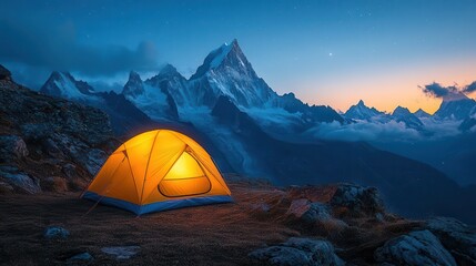 glowing tent perched on a mountain ledge at twilight with a breathtaking view of starfilled sky and distant peaks silhouetted against the fading light