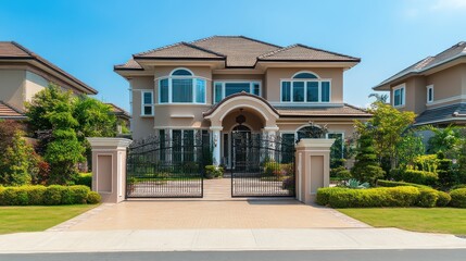 Fototapeta premium Luxury suburban house with wrought iron gate, driveway, and manicured lawn.