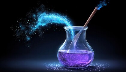 A colorful potion sparkles in a glass flask, with vibrant particles swirling around, creating a magical atmosphere.