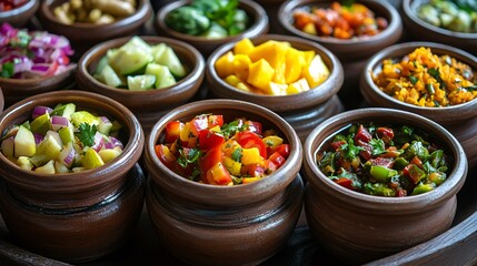 A platter of assorted Indian pickles (mango, lime, and mixed vegetables) in ceramic jars