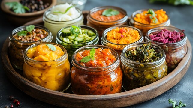 A platter of assorted Indian pickles (mango, lime, and mixed vegetables) in ceramic jars