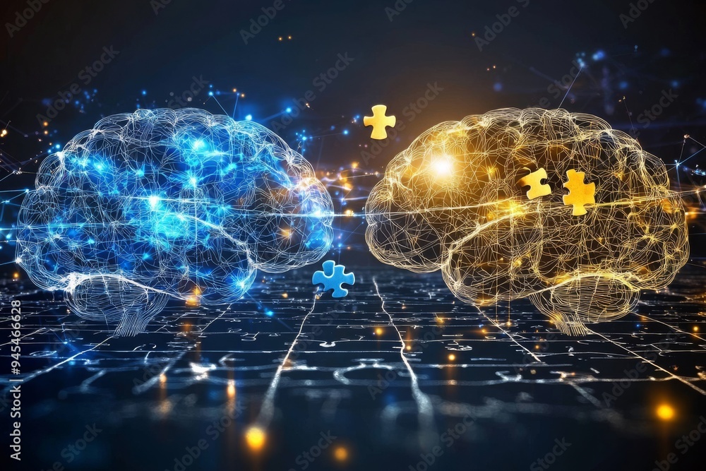 Poster futuristic depiction of two glowing brains connected by digital networks and puzzle pieces symbolizi
