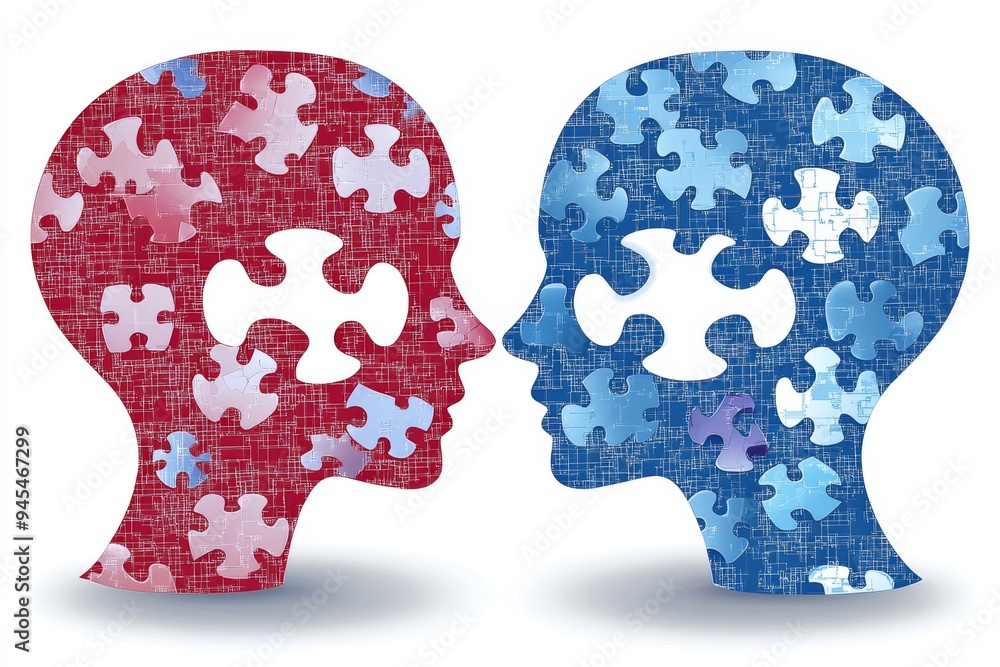 Poster abstract illustration of two puzzle shaped human heads one red and one blue symbolizing the complexi