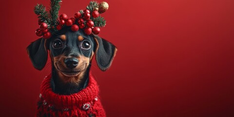 A Dog wear Christmas decorations on Red Background, Joyful Holiday Theme.