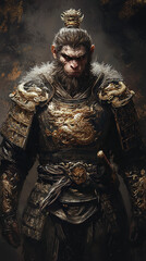 Fototapeta premium Sun Wukong, the Monkey King, wearing golden armor and sporting spiky hair, rendered in realistic CGI, standing against a dark background with detailed textures and lifelike features.
