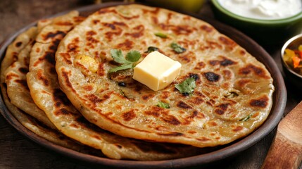 A serving of aloo paratha with a dollop of butter, served with curd and pickle on the side