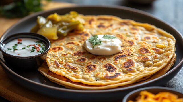 A serving of aloo paratha with a dollop of butter, served with curd and pickle on the side