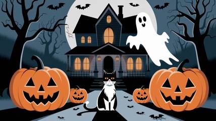 Fototapeta premium Spooky Gothic Halloween Scene with Haunted House, Ghost, Black and White Cat, and Jack-o'-Lantern Pumpkins in Foggy Dark Atmosphere