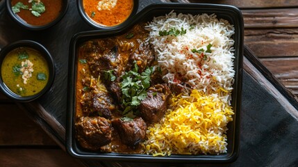 A serving of hyderabadi biryani with tender lamb, saffron rice, and a side of salan
