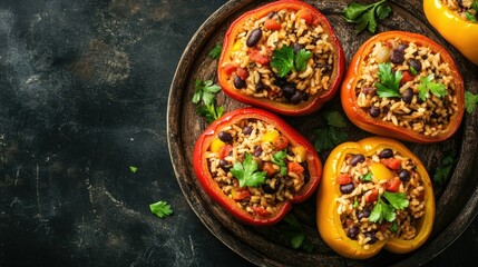 Top view of Southwestern stuffed bell peppers with rice and beans, with plenty of copy space.