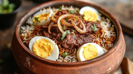 A serving of mutton biryani in a clay pot, garnished with fried onions and boiled eggs