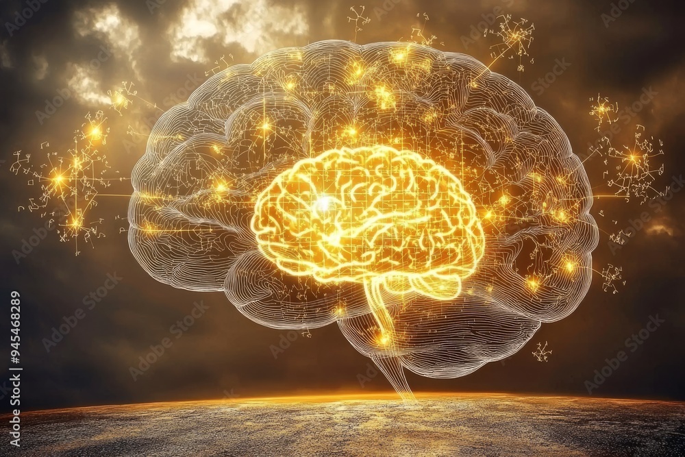 Poster glowing golden brain emerging from a dark background symbolizing the illumination of knowledge the s