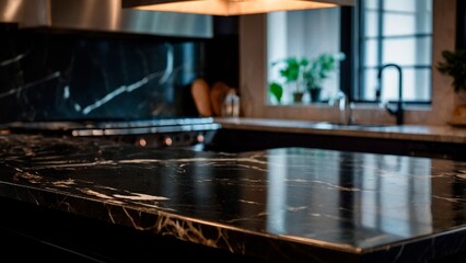 Obraz premium Empty black marble cooking table for mockups. Indoor exposition exhibit platform. Unoccupied marble table at the kitchen with blurred cozy room interior, perfect for luxury lifestyle presentations.