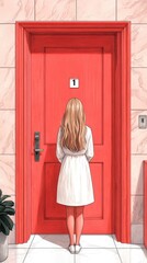 Naklejka premium A woman stands before a bright red door, contemplating a new beginning in a modern hallway, exuding curiosity and intrigue.