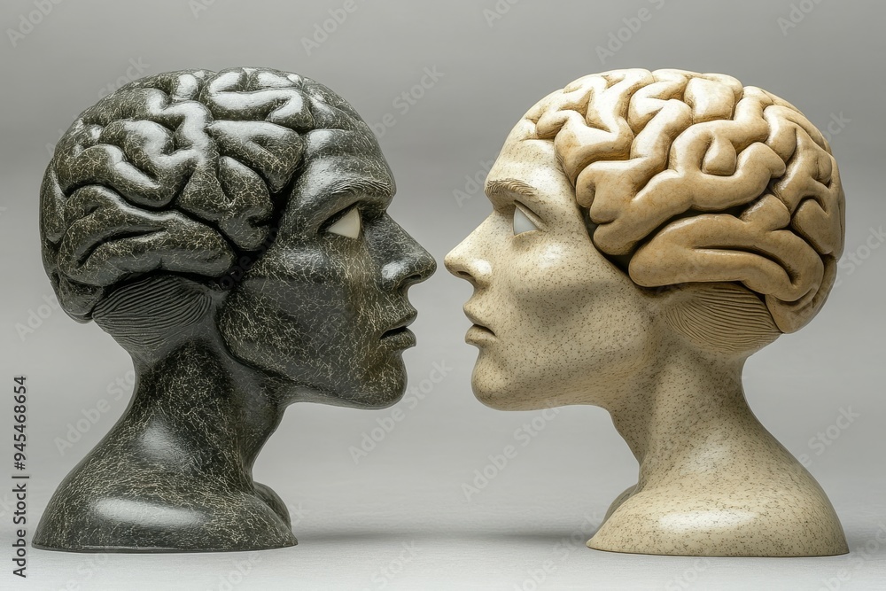 Poster sculptural representation of two human heads with brain patterns facing each other symbolizing intel