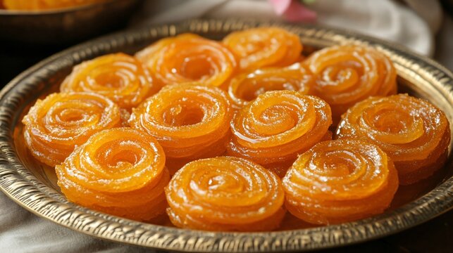 A tray of golden jalebi spirals soaking in sugar syrup, served on a traditional brass plate