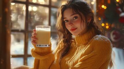 Cozy Winter Portrait of Woman Enjoying Hot Drink by Window with Festive Lights