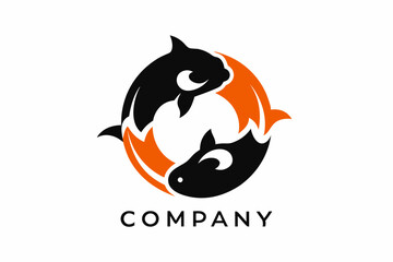 An elegant logo featuring a pair of fish swimming