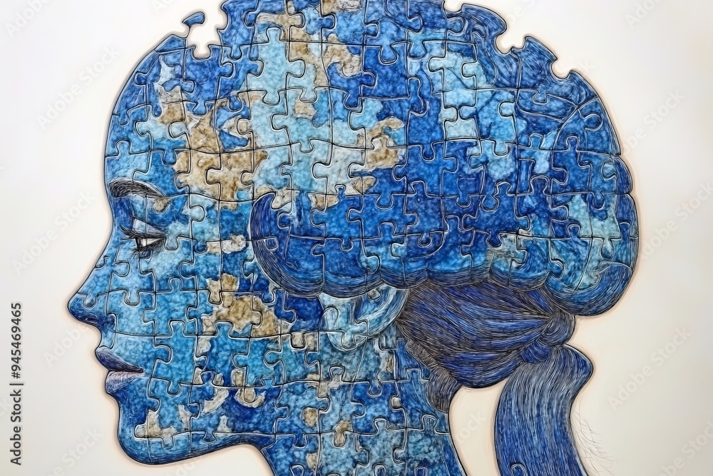 Poster artistic profile of a womans head made of blue puzzle pieces symbolizing the assembly of identity co