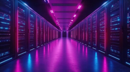 hightech data center with rows of illuminated server racks neon blue and purple lighting creates a futuristic atmosphere showcasing advanced networking and cloud computing infrastructure