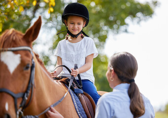 Woman, girl and happy for horse riding lesson with learning, advice and talking at ranch in summer....