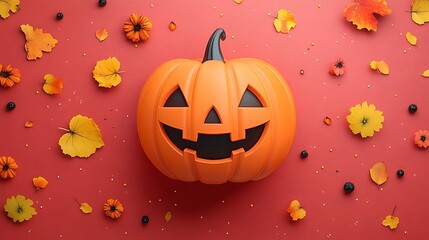 Halloween Pumpkin with Autumn Leaves on Red Background