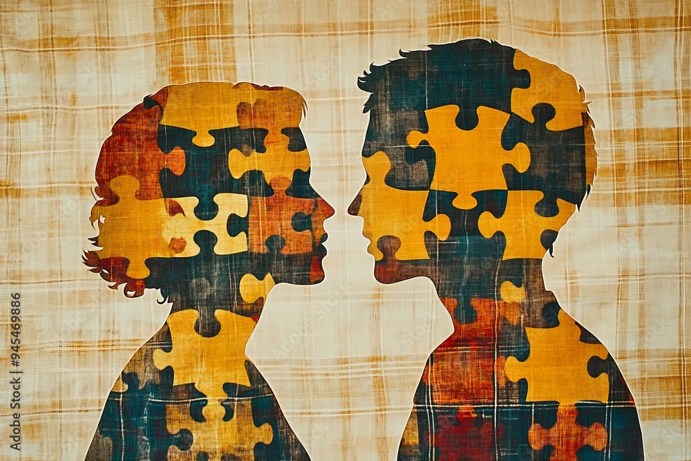 Poster abstract illustration of two human profiles made of puzzle pieces symbolizing the intellectual conne
