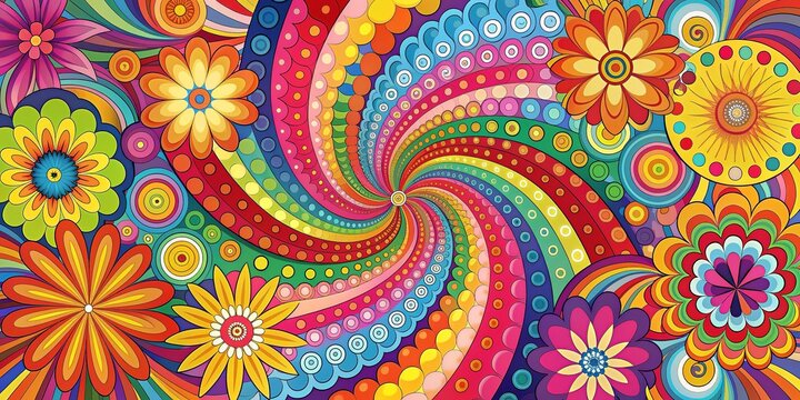Retro psychedelic background featuring a mesmerizing swirl of bright colors, stylized floral patterns, and geometric shapes reminiscent of the vibrant 1960s era.
