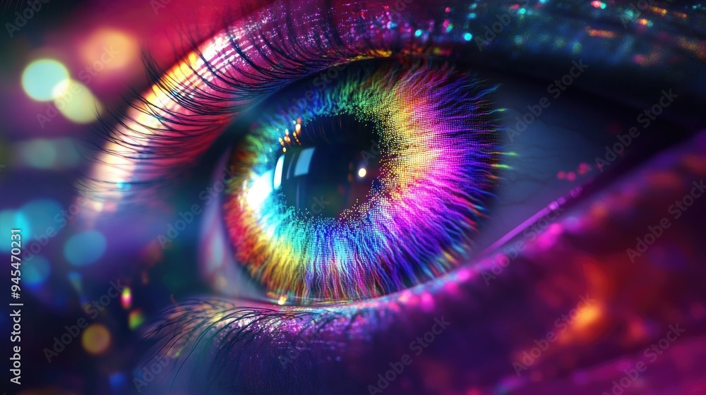 Poster animated concept of a human eye iris featuring multicolored patterns rainbow lines disperse from a b