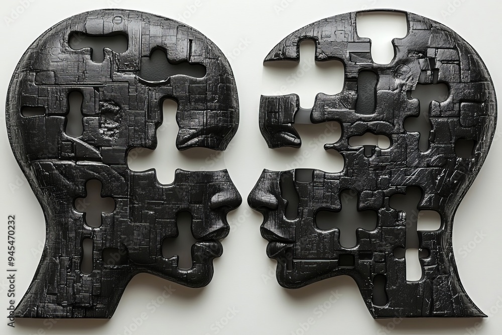 Poster sculptural depiction of two human profiles with incomplete puzzle heads symbolizing ongoing search f