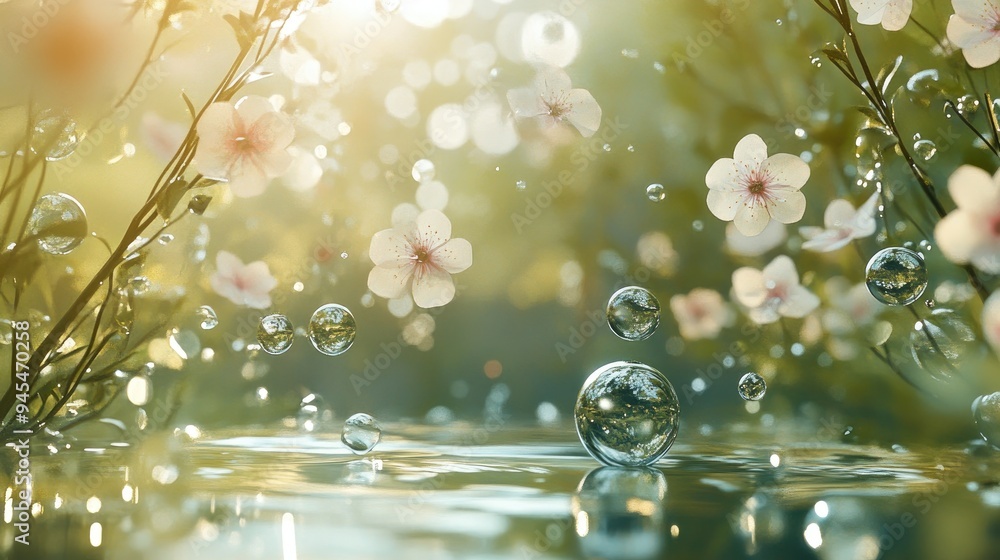 Poster abstract landscape featuring spring flowers and floating water bubbles in a visually captivating 3d 