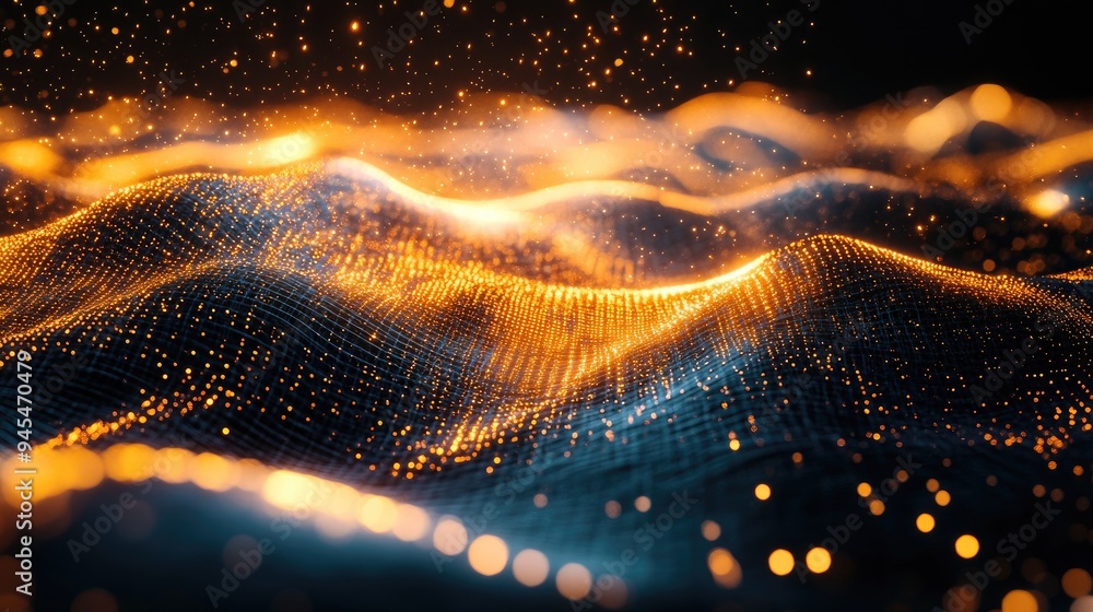 Poster 3d rendering of a futuristic technology backdrop featuring dynamic lines and hovering particles