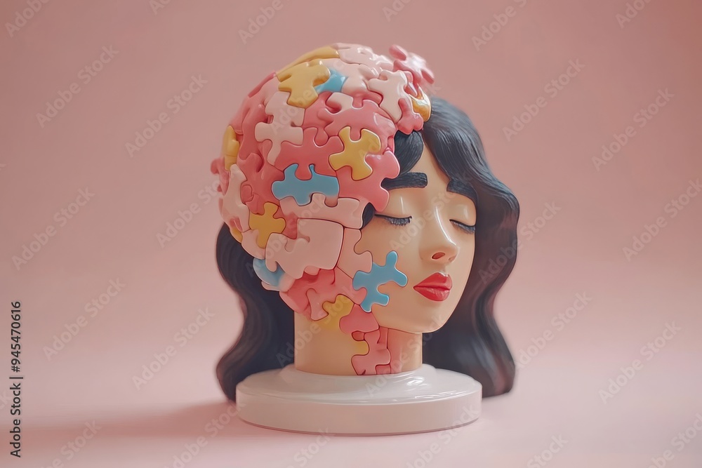 Poster abstract concept of a womans head as a puzzle representing complex mental processes cognition and th