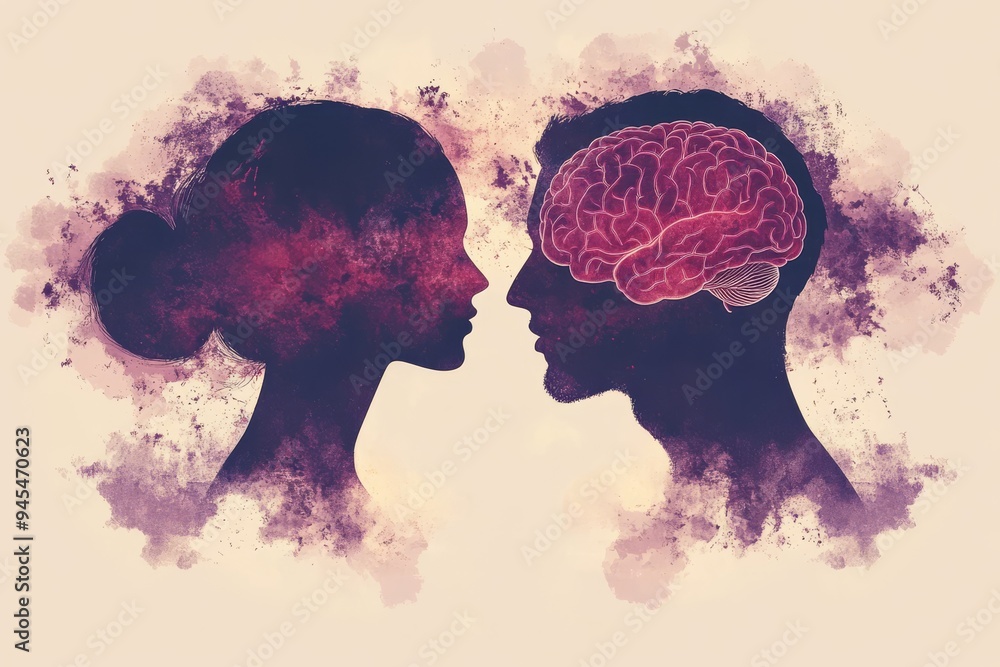 Poster silhouetted couple facing each other with brain illustrations symbolizing cognitive connection emoti