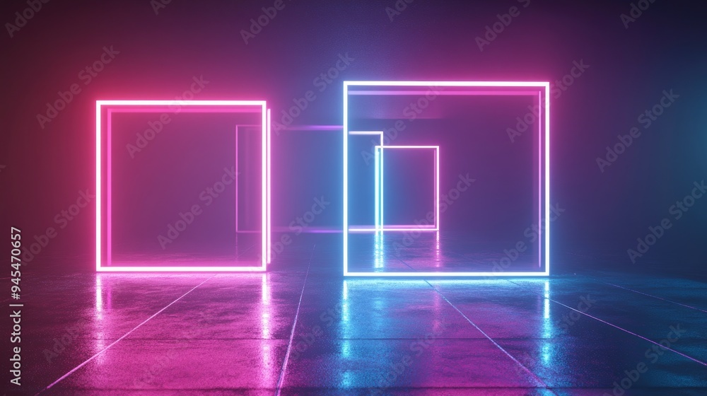 Poster 3d rendering of an abstract geometric background featuring glowing square neon frames in a dark sett