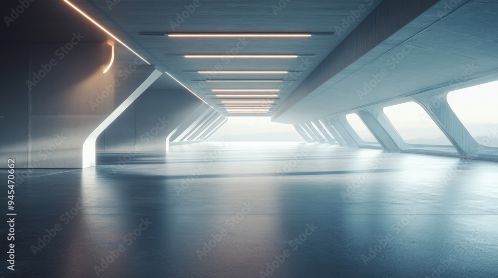 Poster 3d rendering of an abstract futuristic architectural design featuring a vast empty concrete floor su