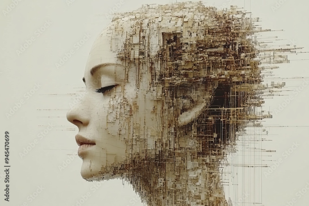 Poster digital deconstruction of a human head symbolizing the breakdown and reconstruction of identity and 