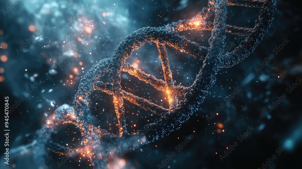 Poster 3d visualization of a dna helix with an abstract backdrop
